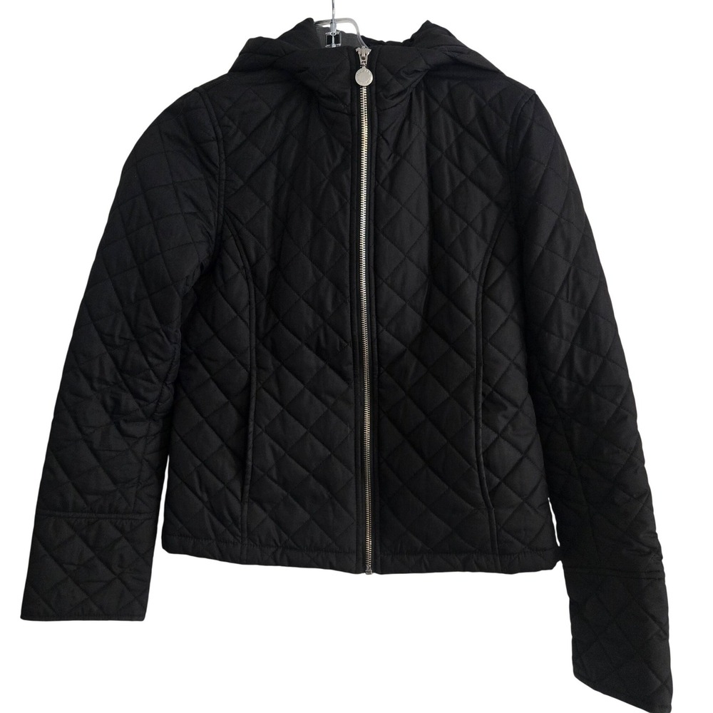 Calvin Klein Women's Quilted Jacket Black Hooded Zip Coat Size XS